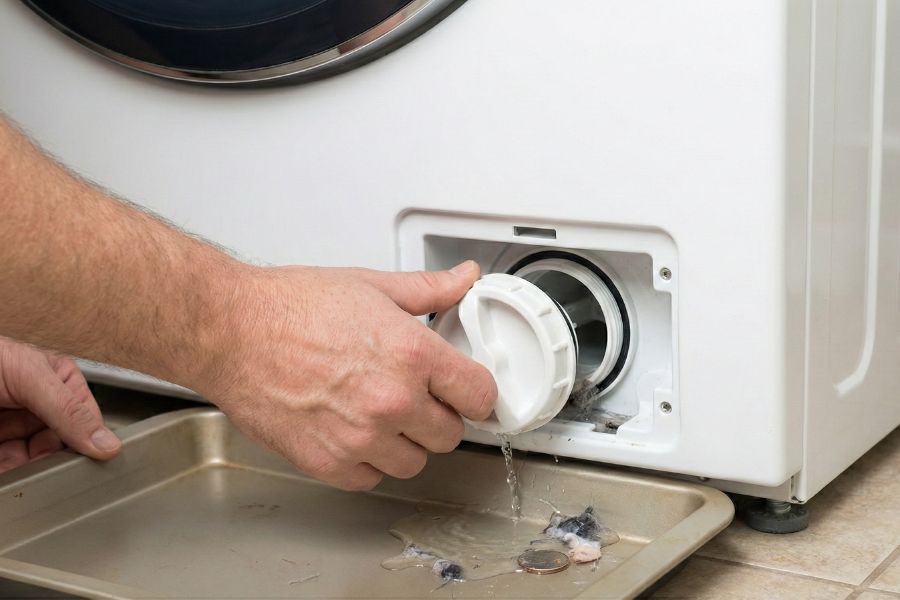 cleaning washing machine drain pump filter coin trap