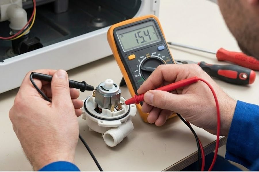 technician testing washing machine drain pump multimeter