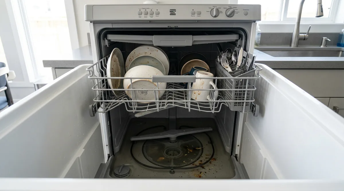 Dishwasher not draining: step-by-step troubleshooting Banner Open dishwasher with standing water at the bottom of the tub