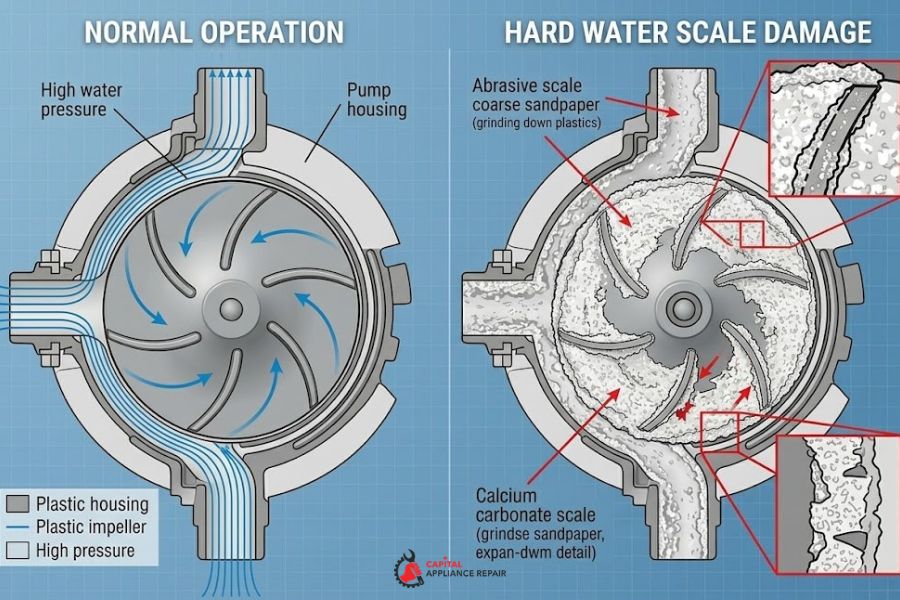 dishwasher circulation pump impeller hard water damage