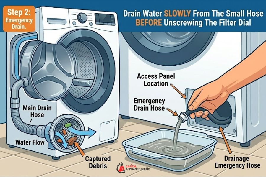 how to manually drain front load washing machine