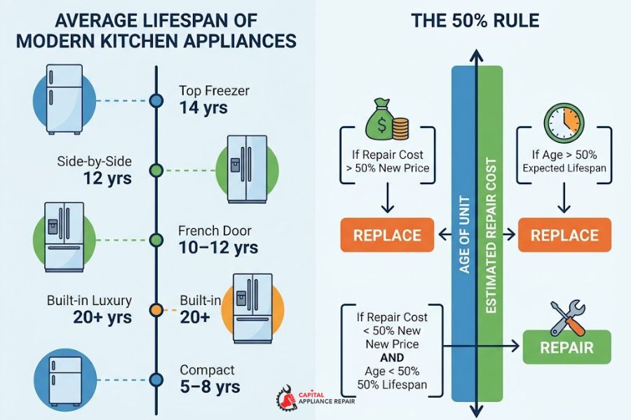 refrigerator lifespan and 50 percent repair rule infographic