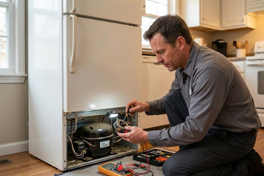 technician repairing refrigerator condenser fan motor