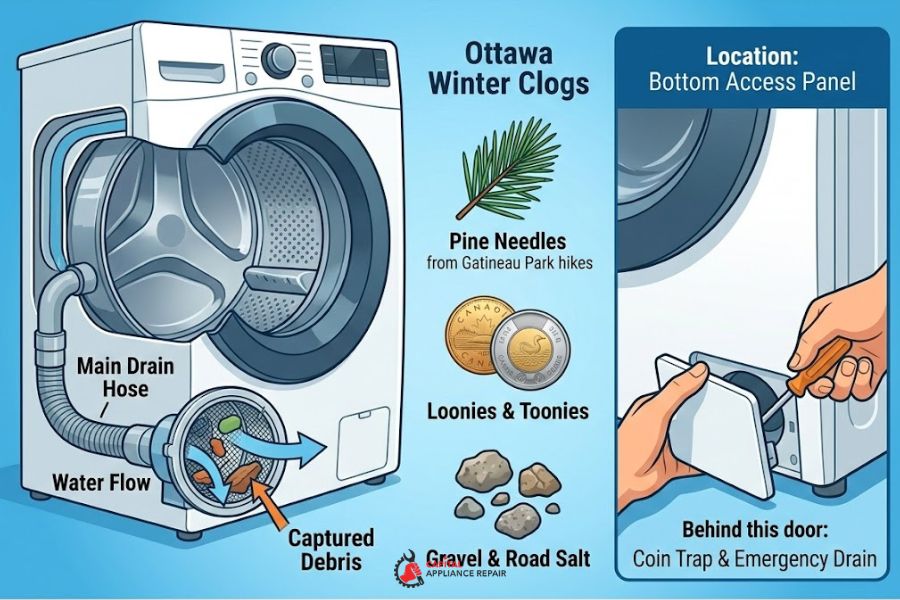 washing machine coin trap filter location